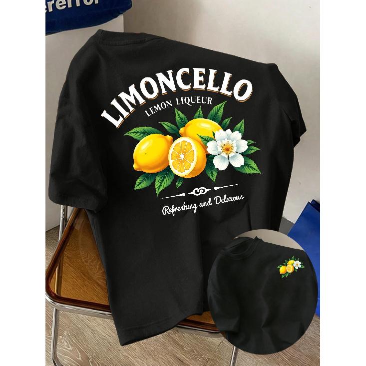 black short sleeve t-shirt for women with limoncello lemon liqueur graphic print, crew neck, relaxed fit, soft cotton feel, citrus fruit and flower S чёрный
