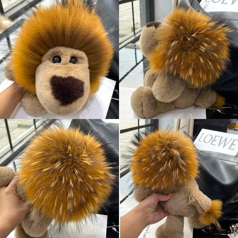 Genuine Rex Rabbit Fur Lion Plush Doll - Cute Children's Toy and Hanging Ornament