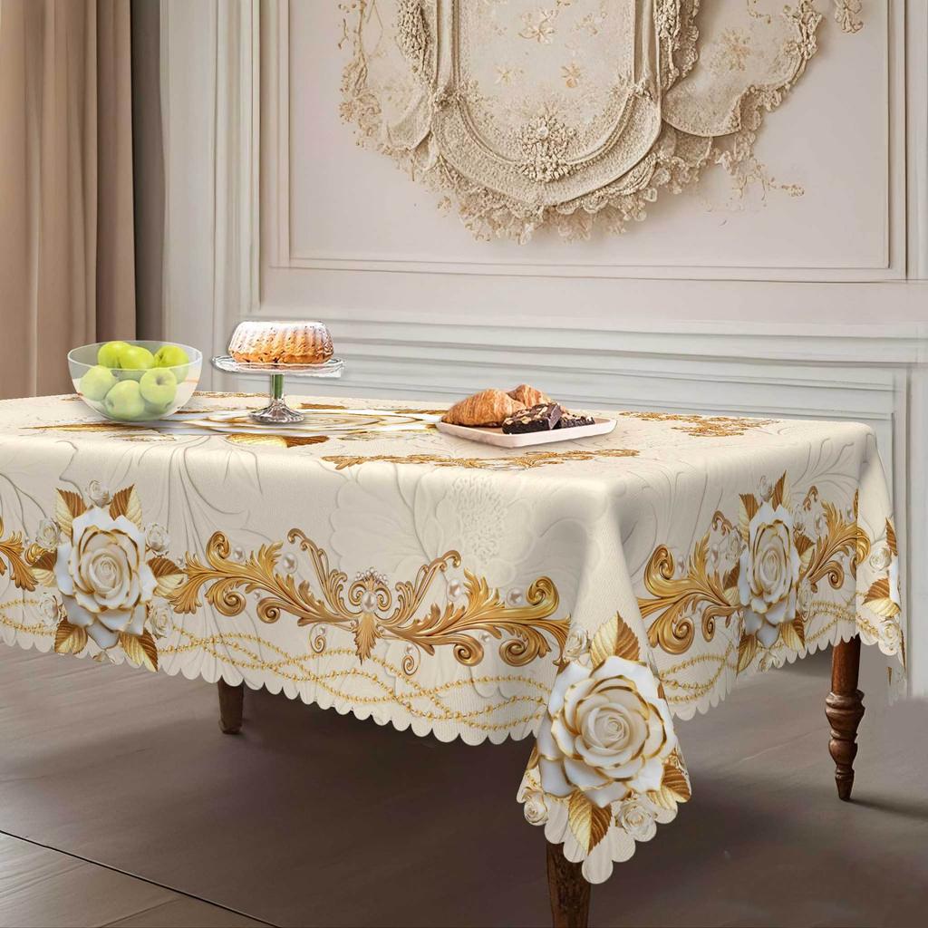 High-End European Dining Table Cloth, Rose Bronzing Engraving, Waterproof Household Coffee Table Tablecloth, Light Luxury Living Room Decorative Cloth