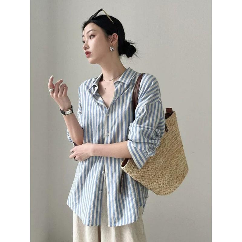 Womens Relaxed Fit Linen Cotton Striped Shirt With Collar Long Sleeve Lightweight Blouse Casual Oversized Top