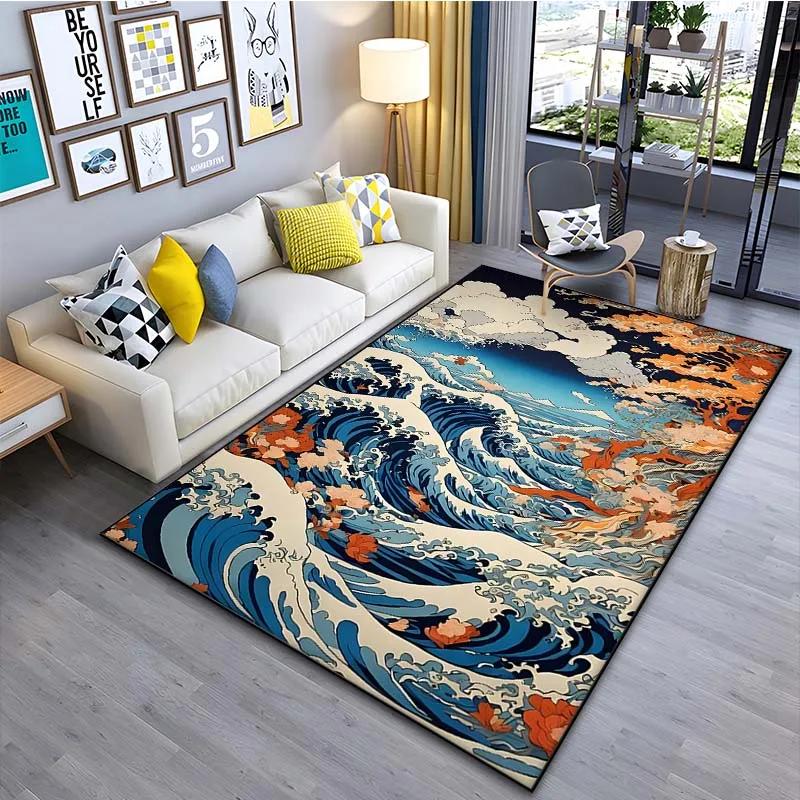 Japanese Art Kanagawa Waves Carpet for Living Room Home Decor Large Area Rug Bedroom Floor Rug Non-slip Easy Washable Mat