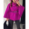 Womens Winter Elegant Wool Blend Cape Coat With Belted Waist Stand Collar
