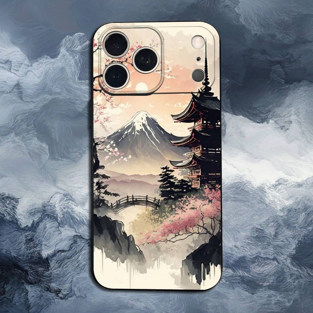 Art Japanese Style For iPhone 12,16,11,14,15,17,13,X,Mini,SE,Max,8,7,XR,XS,Plus,Pro,Soft Silicone Black Case