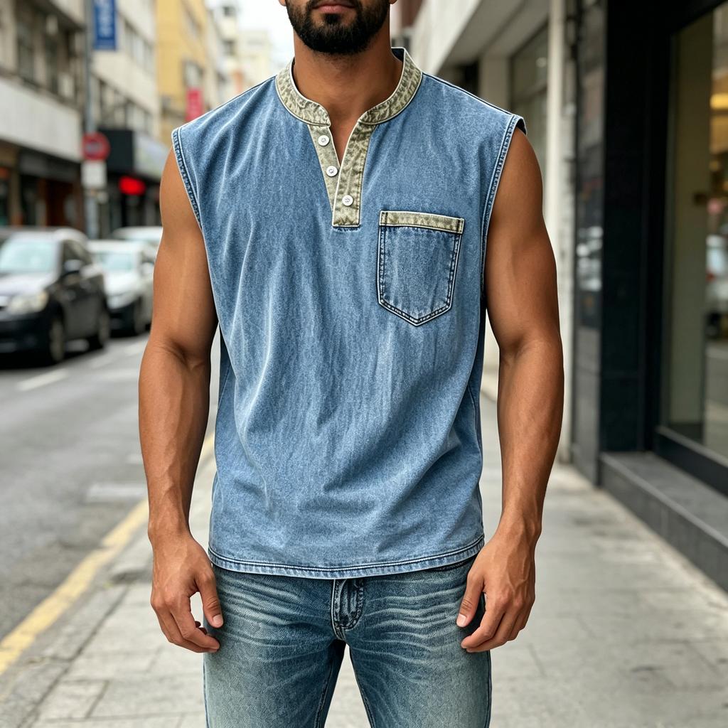 Men Sleeveless Casual Vest Three Button Henley Neck Pocket Front Cotton Linen Blend Summer Top