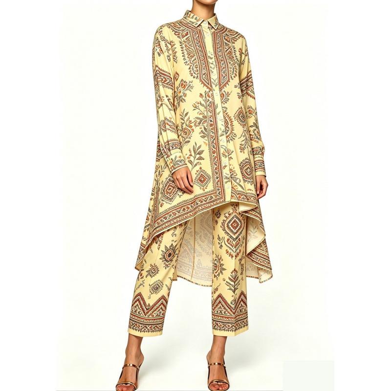 Summer new sunset seascape floral print irregular lapel long-sleeved shirt nine-point pants women's casual suit