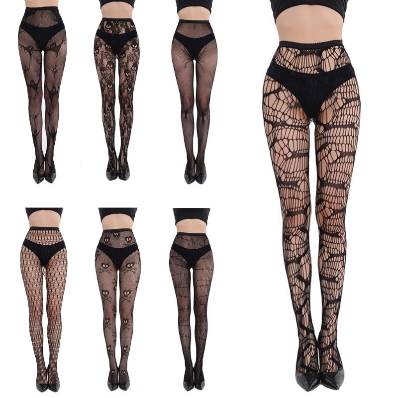 Women Halloween Party Fishnet Pantyhose Stockings Vintage Skull Skeleton Ghostly Patterned Mesh Tights Hosiery Clubwear