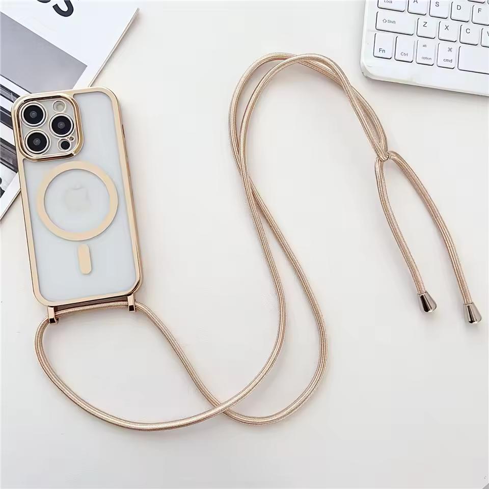 Luxusní šňůrka na krk Lanyard Pokovování Magnetický Průhledný Kryt na Telefon Pro iPhone 17 16 15 14 13 12 Pro Max 11 Pro Magsafe Měkký Kryt