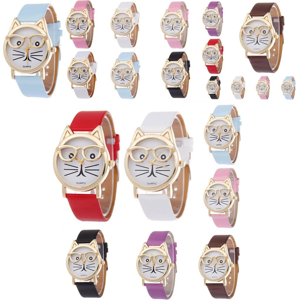 Adorable Cat Face Women's Quartz Watch With Leather Strap Cartoon Design