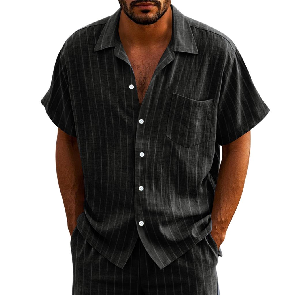 Men's Linen Button Down Shirt Vertical Stripe Pattern Short Sleeve Casual Loose Fit Breathable Summer Shirt with Turn Down Collar