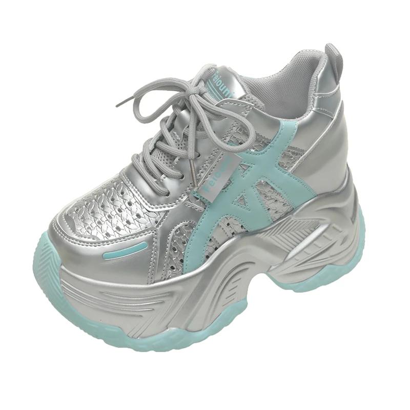 Fashion 10CM New Chunky Leather Sneakers Summer Casual Vulcanized Shoes Woman High Platform Breathable Air Mesh Sneakers Sport Dad Shoes