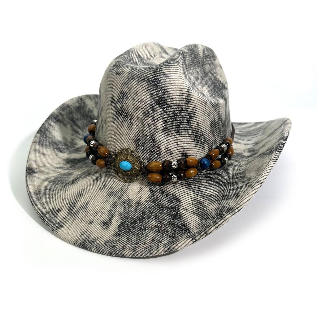 European and American Ethnic Style, Western Denim Hat, Retro Wooden Bead Accessories, Horseback Riding Jazz Hat, Men's and Women's Versatile Suns