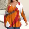 Women's Plus Size Shirt Long Sleeve  Print Top Pleated Casual V-Neck Top