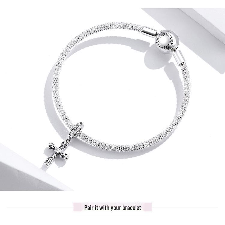 Avle S925 Sterling Silver Retro Cross Pendant Bracelet with European & American Fashion Beads