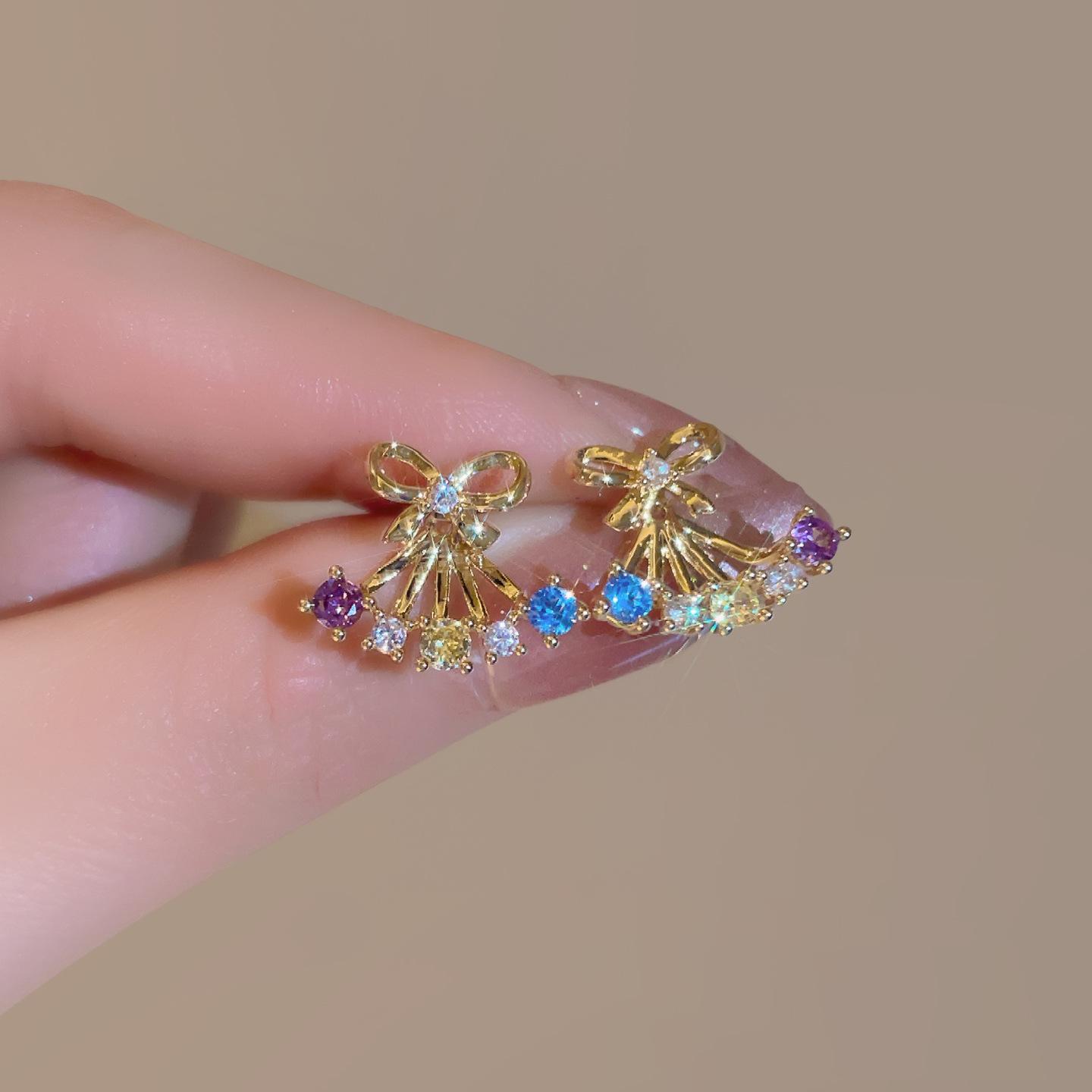 

Vibrant Dopamine Rhinestone Bow Stud Earrings - 2026 Trendy High-End Korean Style for Women