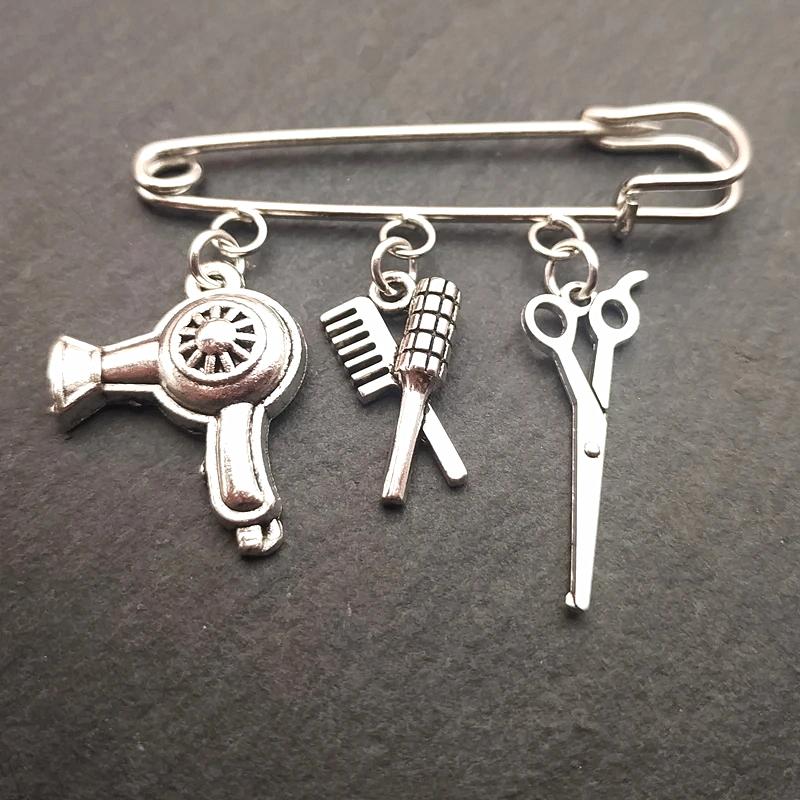 

Hairdresser Themed Charm Brooch - Hair Dryer, Comb & Scissors Pendant Pin for Salon & Daily Wear, Great Gift for Hairstylists срібний