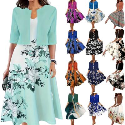 Sommer Neue Kurzarm Zwei-stück Set Plus Größe Kleid Frauen Blumen Druck O Neck A Linie Casual Kleider Frauen Mode vintage Kleid mit Jacke 26374