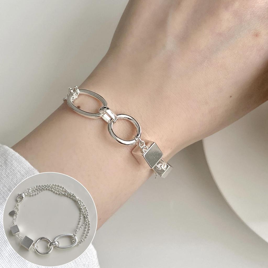 Korean Style S925 Silver Plated Retro Graffiti Patchwork Bangle - Women's Hip Hop Fashion Trend Bracelet