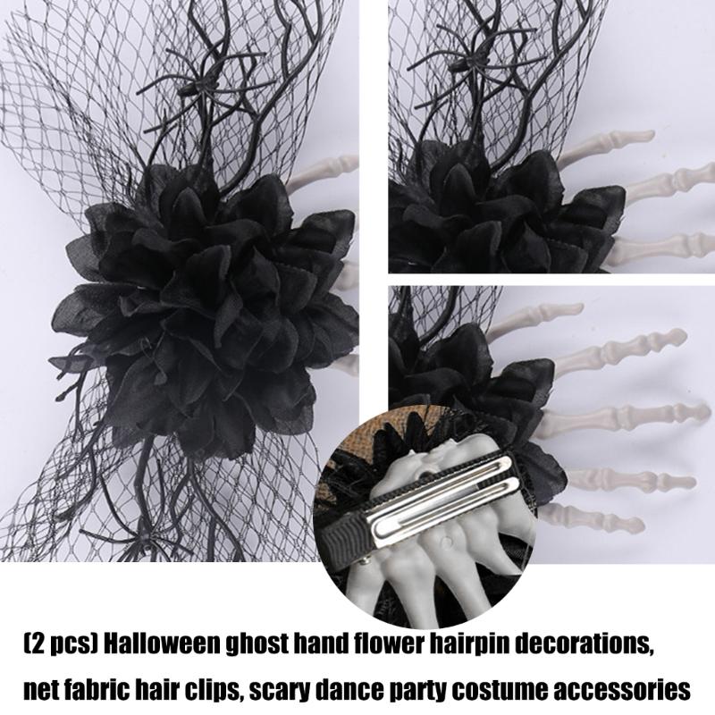 2pcs Halloween Scary Skeleton Hand Floral Hair Clip Hair Barrettes For Women Party Costume Accessory With Mesh Design