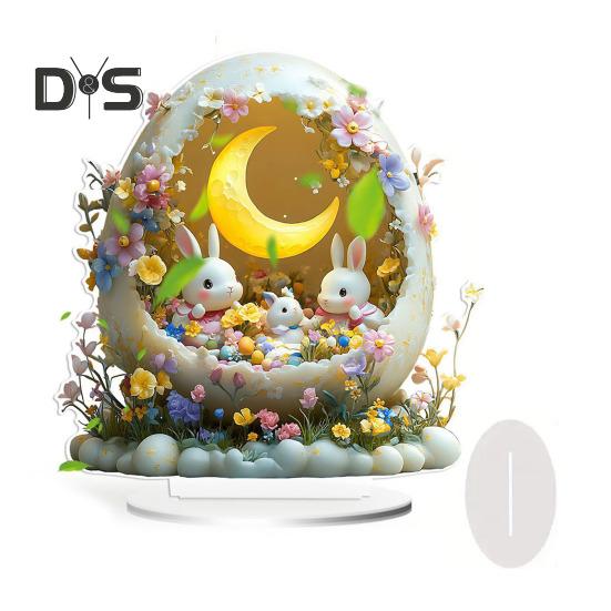 Påskehare Ornament 2D Flat Akryl Måneblomst Fargerikt Egg Kanin Bordskilt Vår Hjemmekontor Stue Soverom Skrivebordsdekorasjon