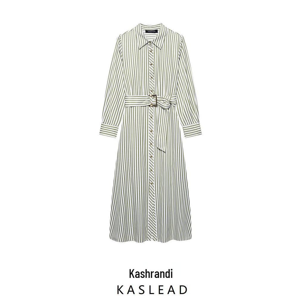 2025 Spring Women's European & American Striped Belted Midi Dress