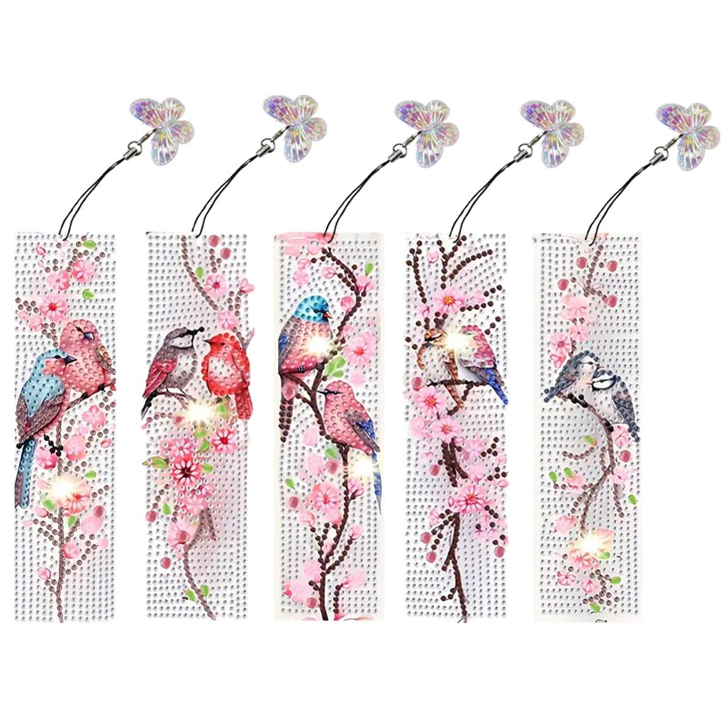 5Pcs Bird Themed DIY Diamond Painting Bookmark with Crystal Pendant Special Shaped Diamond for Beginners Book Lovers Small Gifts