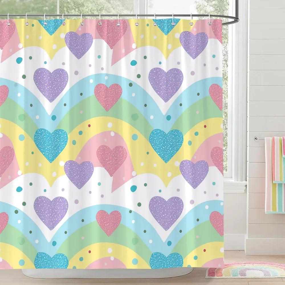 Rainbow Castle Pink Bow Shower Curtain Love Hearts Stars Stripes Colourful Clouds Polyester Fabric Shower Curtain Bathroom Decor