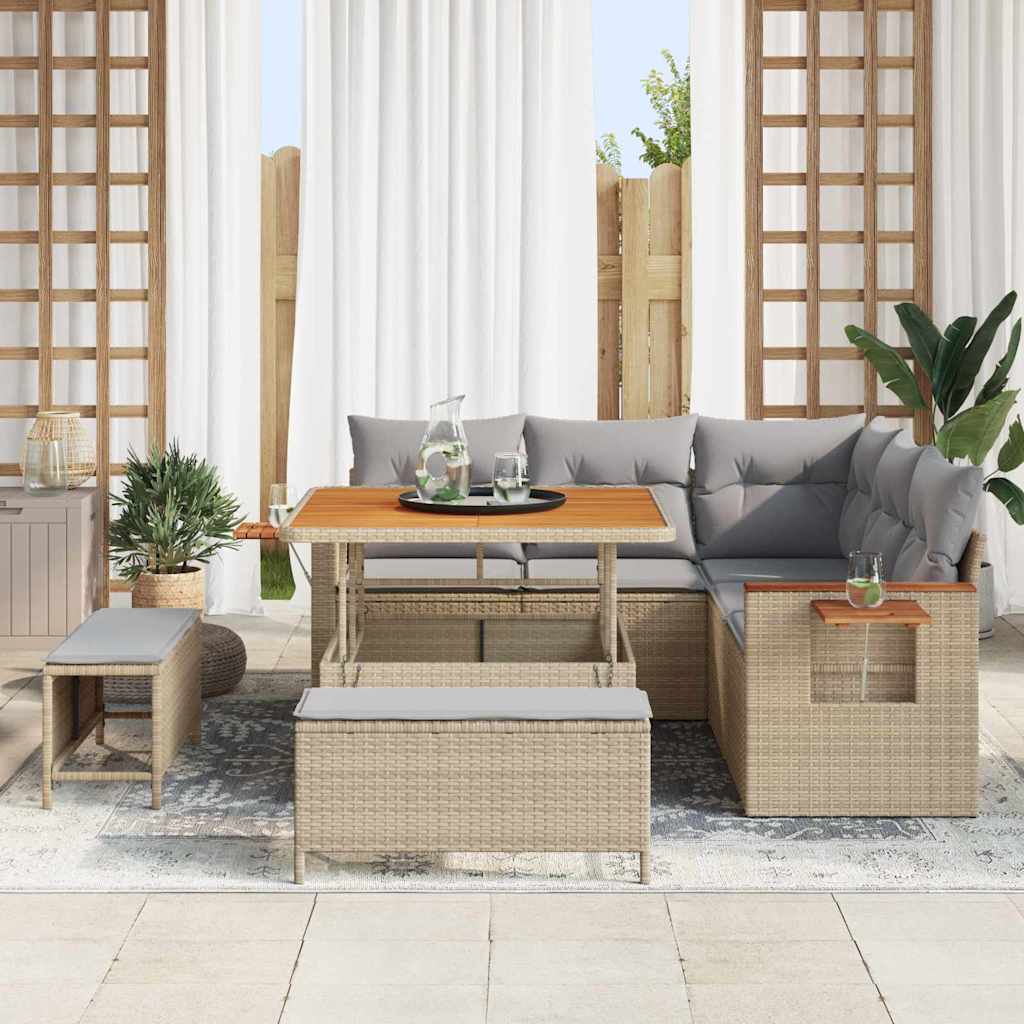 9 Piece Beige and Light Grey Garden Sofa Set with Cushions