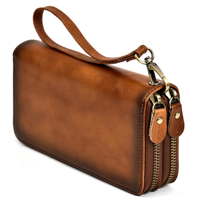 Brand Designer Retro Real Leather Wallet Male Business Casual With Double Zipper Cow Skin Crazy Horse Wallet With Wristlet