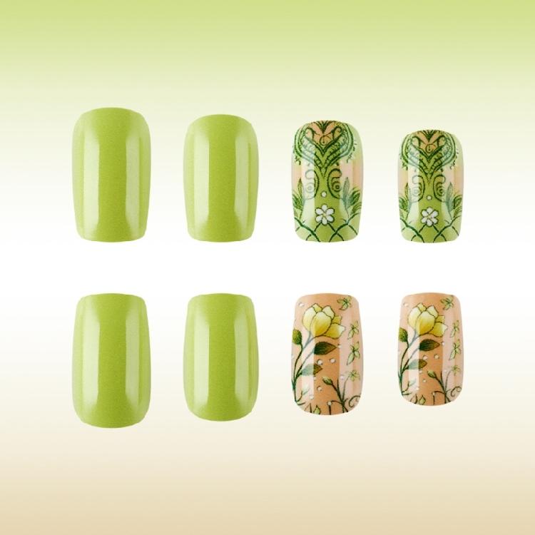 24 Pcs Glossy Full Cover False Nail Mediuim Square Press On Nail Flowers Stick On Nail Green Acrylic Nail