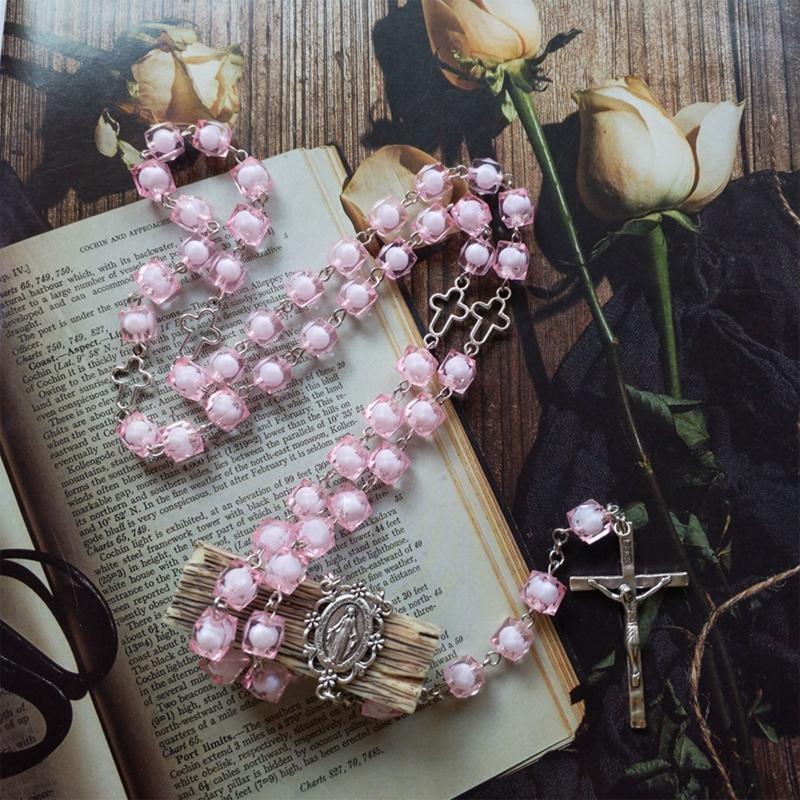 Pink Square for Cross Rosary Necklace Holy Catholic Jewelry Charm Pendant for Christian Church Home Bedroom Decoration