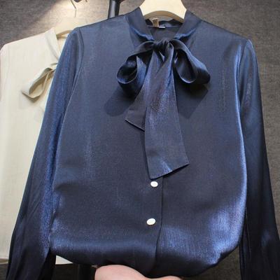 2025 Spring Women's Long Sleeve Satin Bow Blouse with Bright Silk Finish