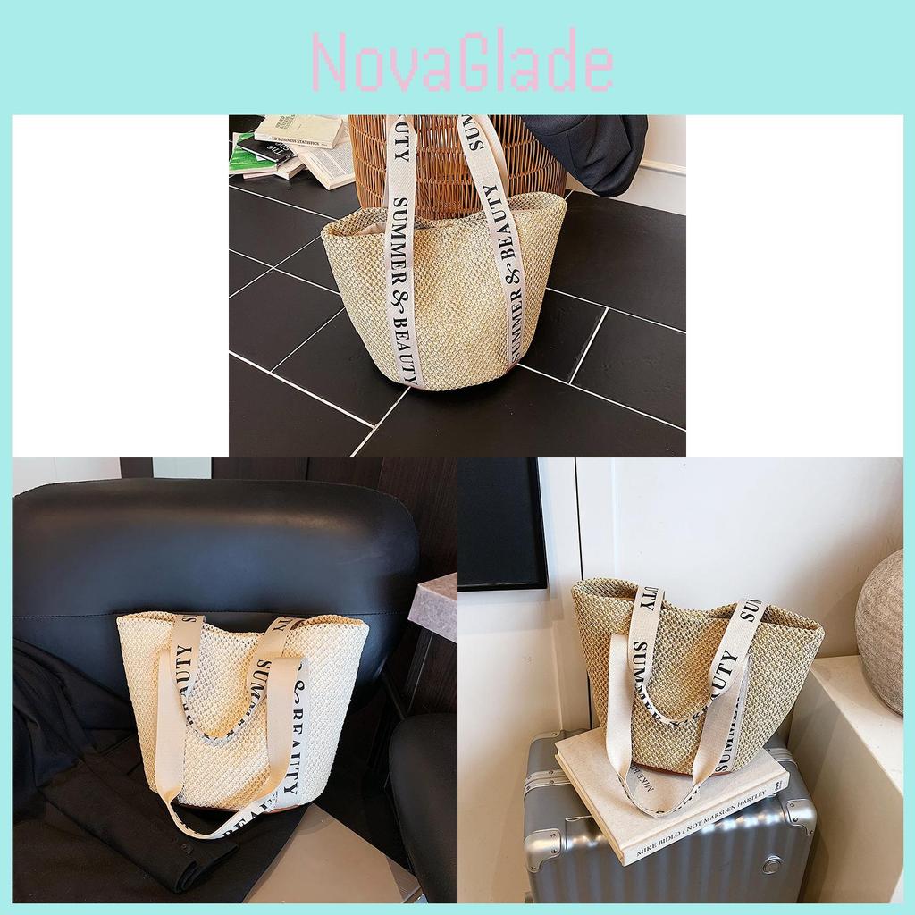 Woven Straw Shoulder Bag With Zipper Closure For Beach And Holiday Use