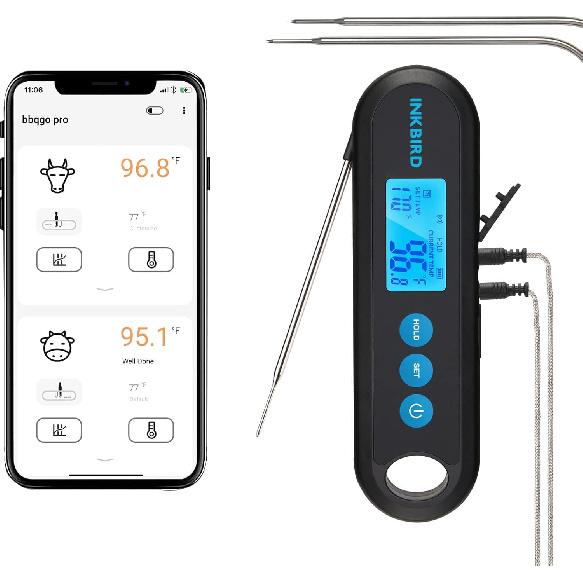 INKBIRD Instant Read Meat Thermometer Digital for Cooking with Dual Probes, 328FT Waterproof Bluetooth BBQ Meat Thermometer, Rechargeable Grill With 2 external probes