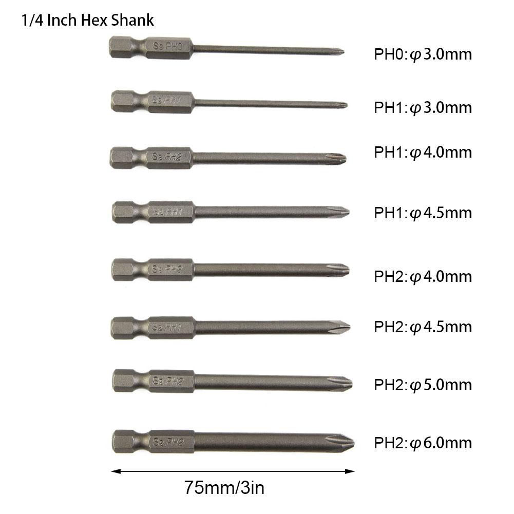 1/4 Inch Hex Shank Screwdriver Bit 75mm 8pcs Cross Head High Quality