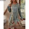 MODIQUE 2025 Summer New Women's Casual Retro Floral Print Gradient Color Short Dress Ladies Loose A-Line Long Sleeve O-Neck Dress