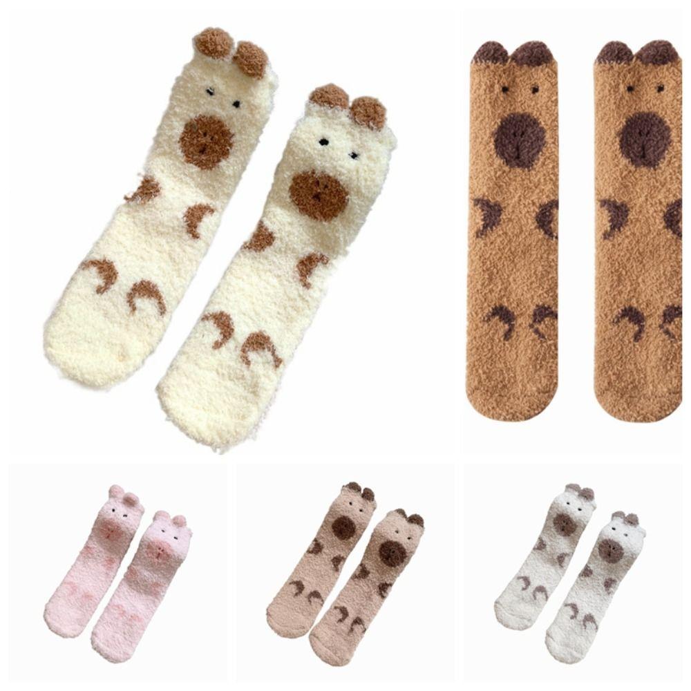 5Pairs Warm Coral Fleece Socks Plush Sleeping Socks Women Sweet Capybara Fleece Socks  Women
