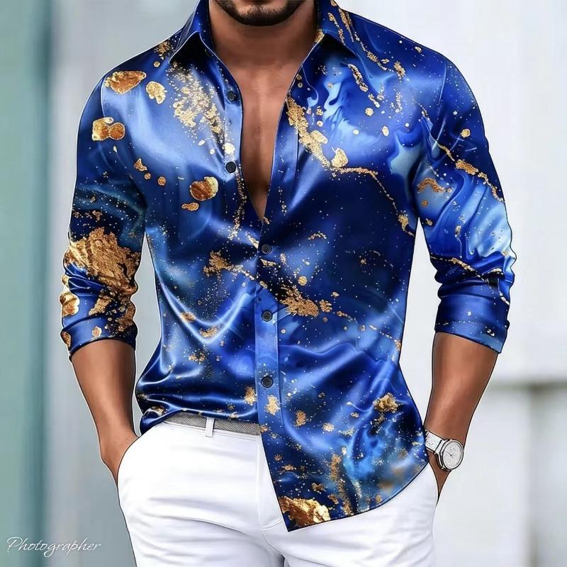 Herren Luxus Satin Langarmhemd mit 3D-bedruckten Seidenknöpfen und glänzender Oberfläche, Nachtclub Party Lässiges Modehemd