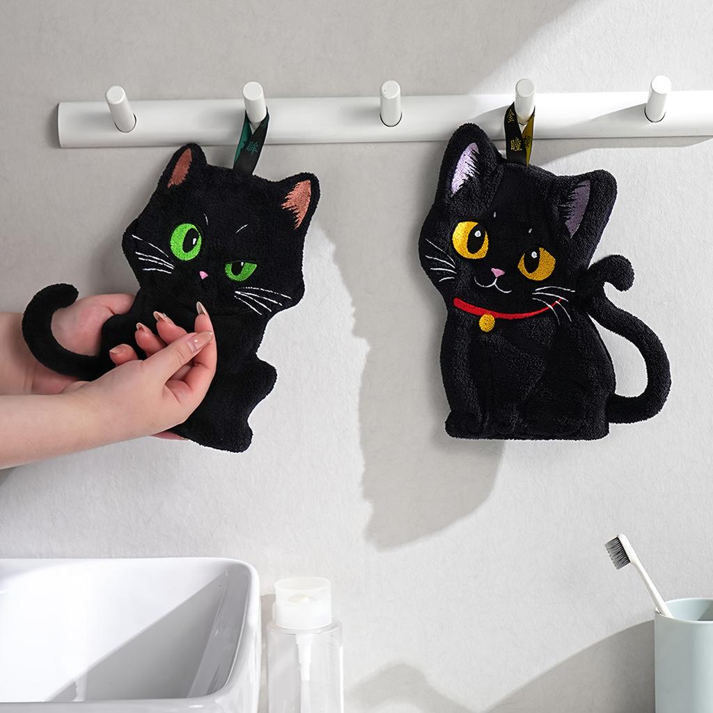 Black Cat Embroidered Hand Towel, Coral Fleece Super Absorbent Quick-Dry Hanging Bathroom and Kitchen Finger Towel