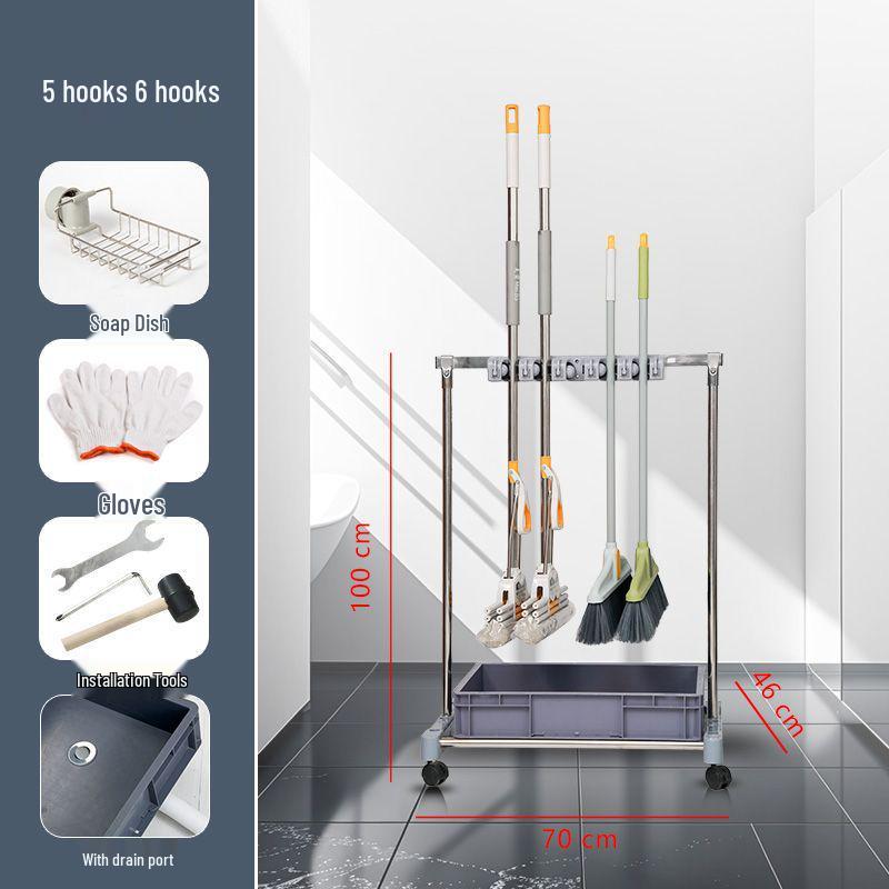 Movable Stainless Steel Mop Storage Rack with Hooks for Floor-Standing Draining in Schools and Factories