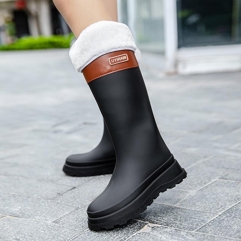 Damen-Gummistiefel Mode Kniehoch Gummi-Gamaschen Wasserdicht Gartenarbeitsstiefel PVC-Gummistiefel Winter Warm Baumwoll-Regenstiefel