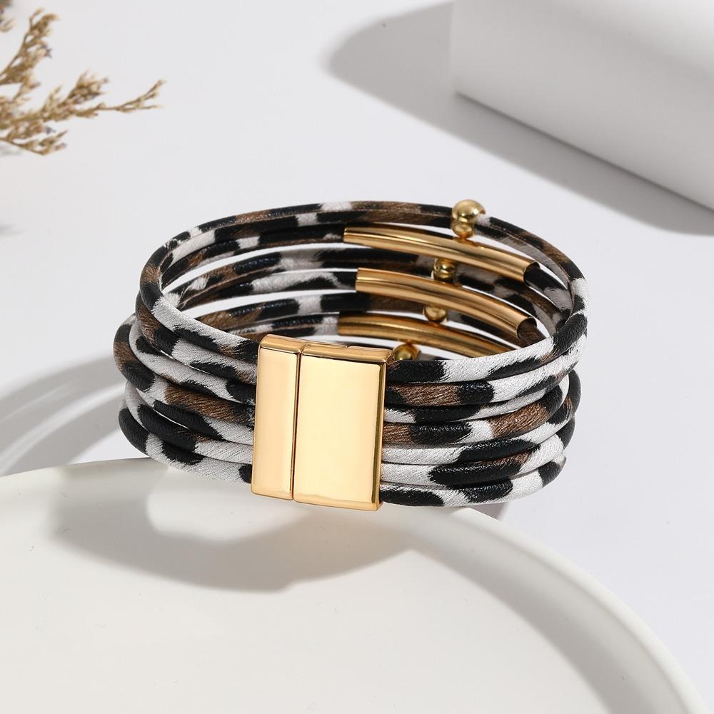 Charm MultiLayer Bangles Bohemian Style Magnetic Bracelet Leopard Leather Bracelets  Girls