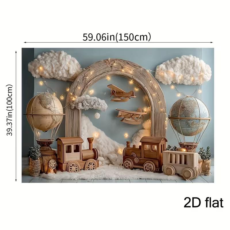 2D Flat Neutral Adventure Theme Backdrop Train Plane Travel Kids Photo Background