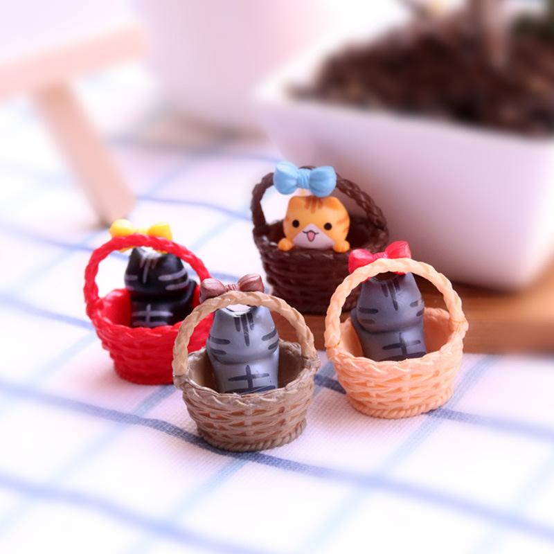 Cute Basket Cat Ornament Miniature Kitten Figurines Statue for Kids Children Baby Birthday Gift Room Garden Car Home Decoration