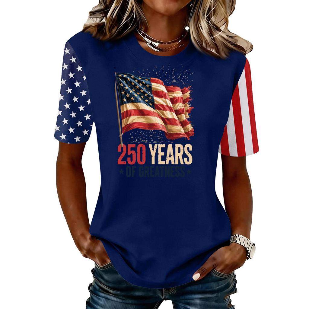Women's Casual Short Sleeve T-Shirt 250 Years of Greatness Graphic Print Crew Neck Top Independence Day Themed Apparel