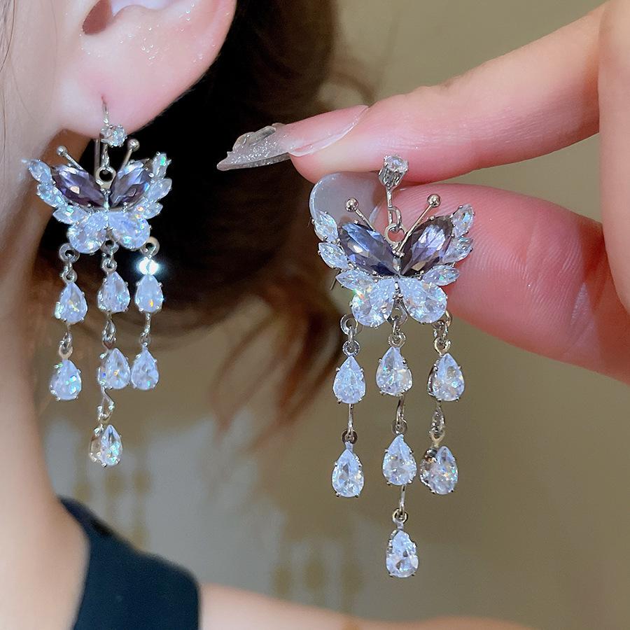 Korean Style Zircon Butterfly Water Drop Earrings - Light Luxury and Fashionable Stud Ear Jewelry