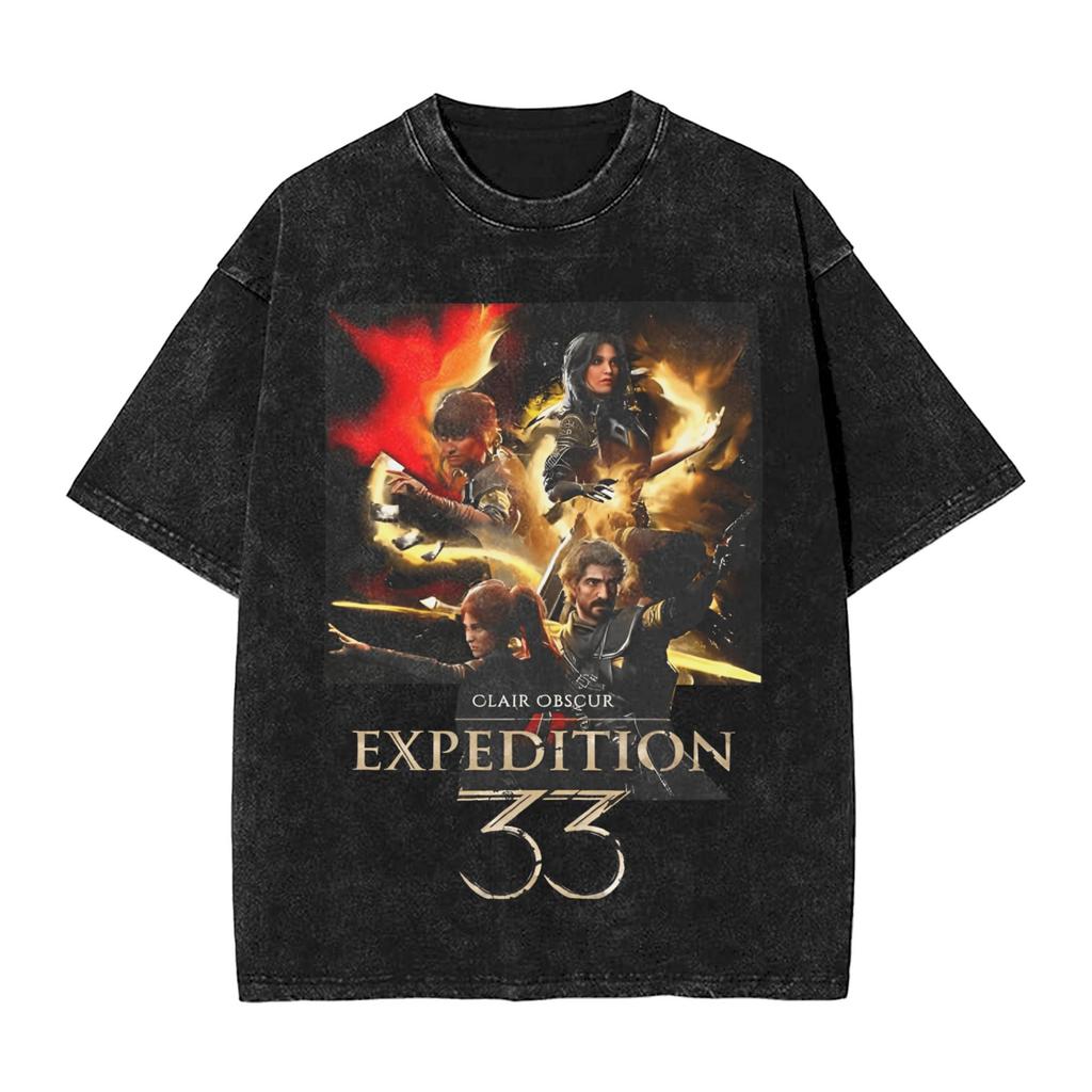 Vintage Washed T Shirt Clair Obscur 33 Game Simple T-Shirts  Fashion Tee Shirt for Male Summer Clothing