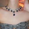 Water Drop Diamond Sapphire Blue Earrings Necklace Set French Court Style Collarbone Chain Jewelry Women
