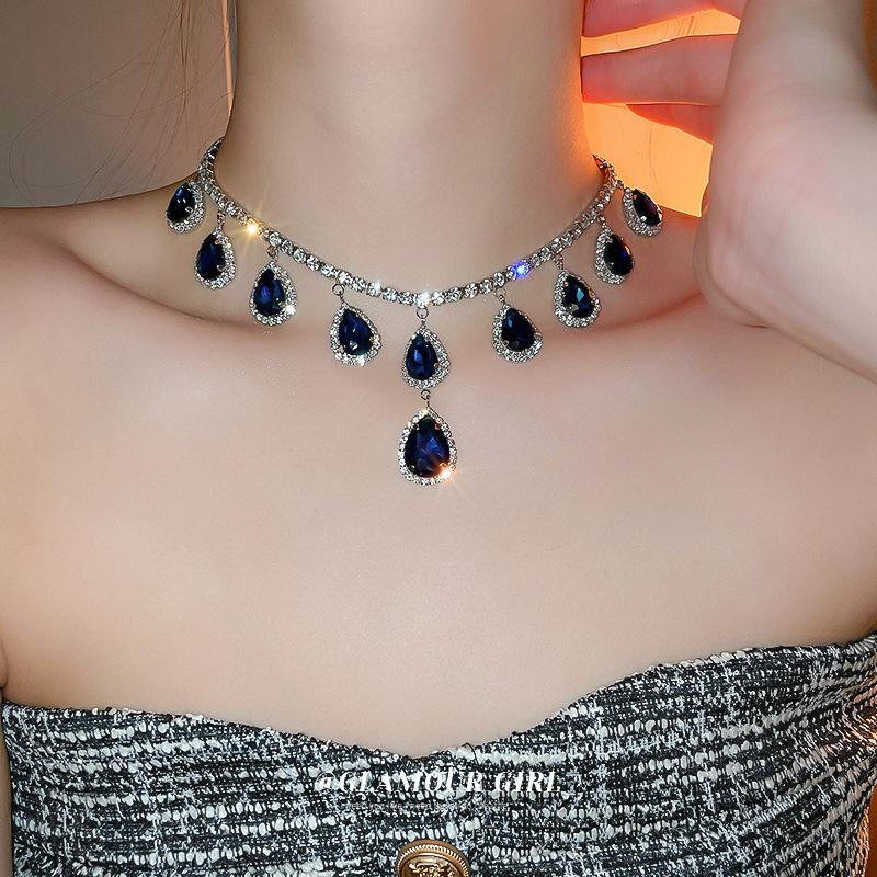 Water Drop Diamond Sapphire Blue Earrings Necklace Set French Court Style Collarbone Chain Jewelry Women
