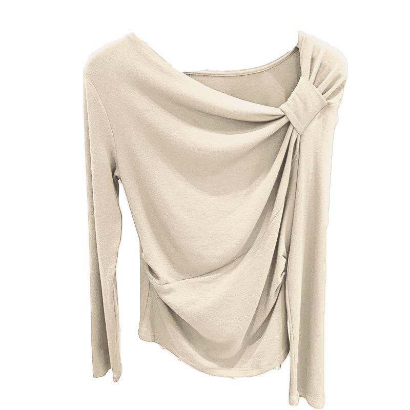 

Однотонная плиссированная футболка с диагональным вырезом и длинными рукавами, женская осенне-зимняя, из немецкого бархата, полированная, облегающая, базовая, с топом XL абрикосовый