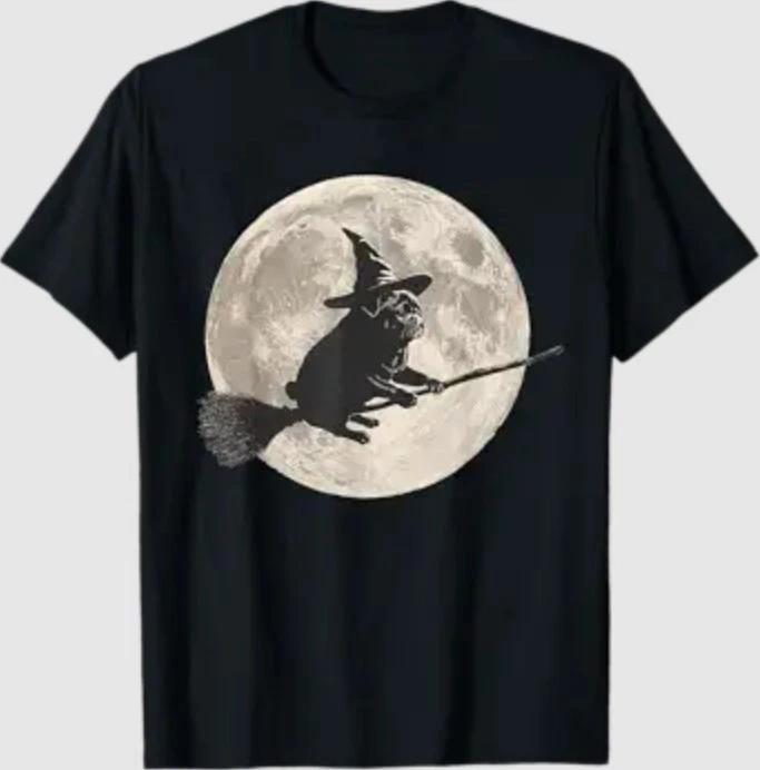 Funny Halloween Witch Pug Moon Trick or Treat Spooky Vibes T-Shirt L